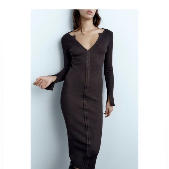ZARA BROWN FITTED HOOK CLOSURE KNIT DRESS Size small - Picture 13 of 13